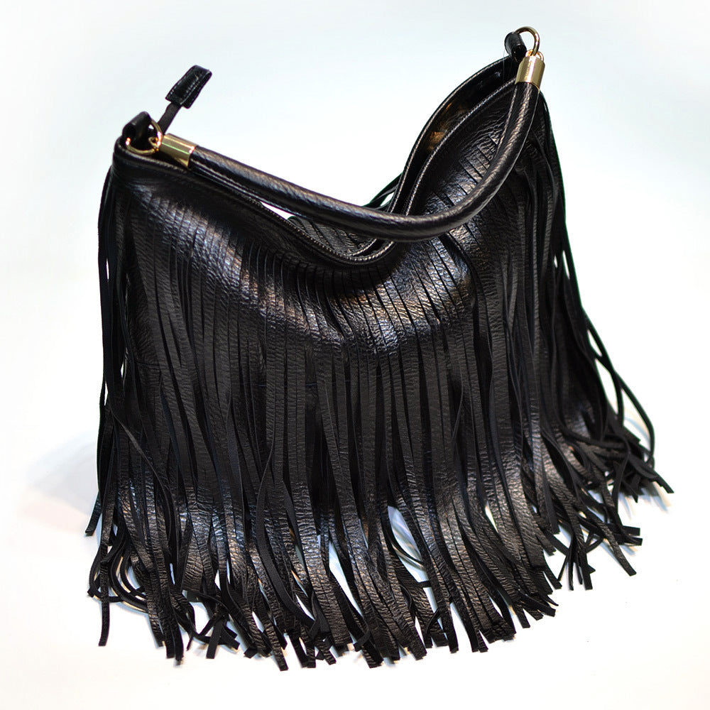 Chic Black Double Fringe Hobo Bag - Convertible Microfiber Leather Shoulder & Crossbody Purse 3