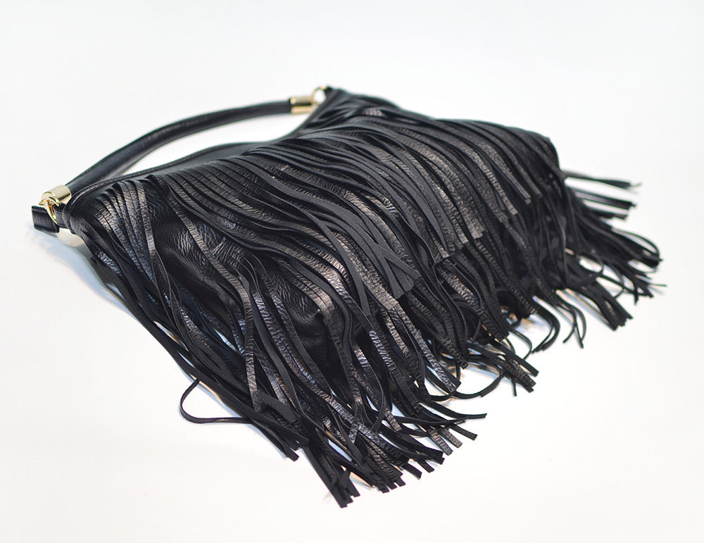 Chic Black Double Fringe Hobo Bag - Convertible Microfiber Leather Shoulder & Crossbody Purse 4