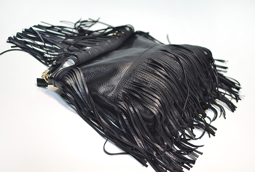 Chic Black Double Fringe Hobo Bag - Convertible Microfiber Leather Shoulder & Crossbody Purse 5