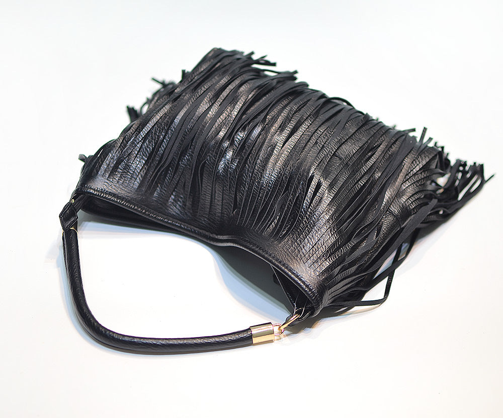 Chic Black Double Fringe Hobo Bag - Convertible Microfiber Leather Shoulder & Crossbody Purse 6