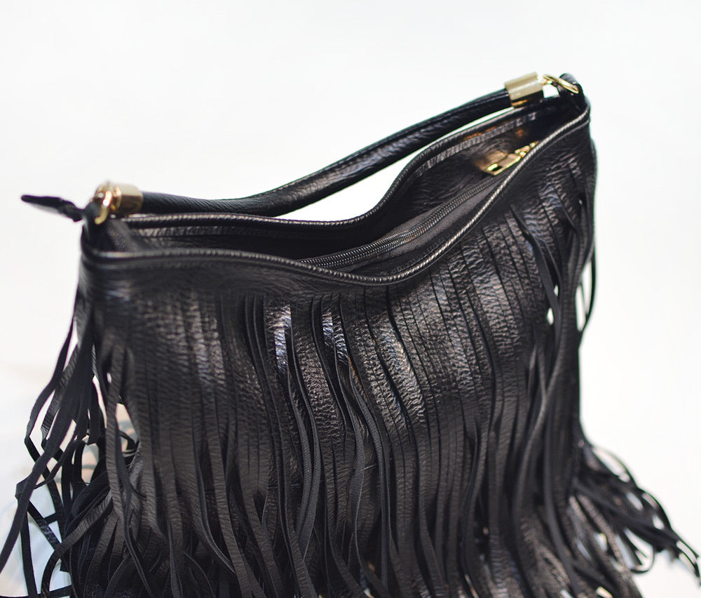 Chic Black Double Fringe Hobo Bag - Convertible Microfiber Leather Shoulder & Crossbody Purse 8