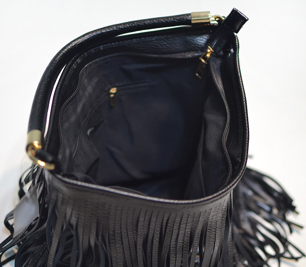 Chic Black Double Fringe Hobo Bag - Convertible Microfiber Leather Shoulder & Crossbody Purse 9
