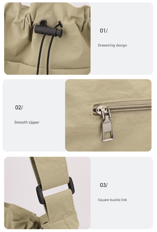 Black Chic Lightweight Nylon Drawstring Tote Bag - Multi-Pocket Casual Shoulder & Crossbody 4
