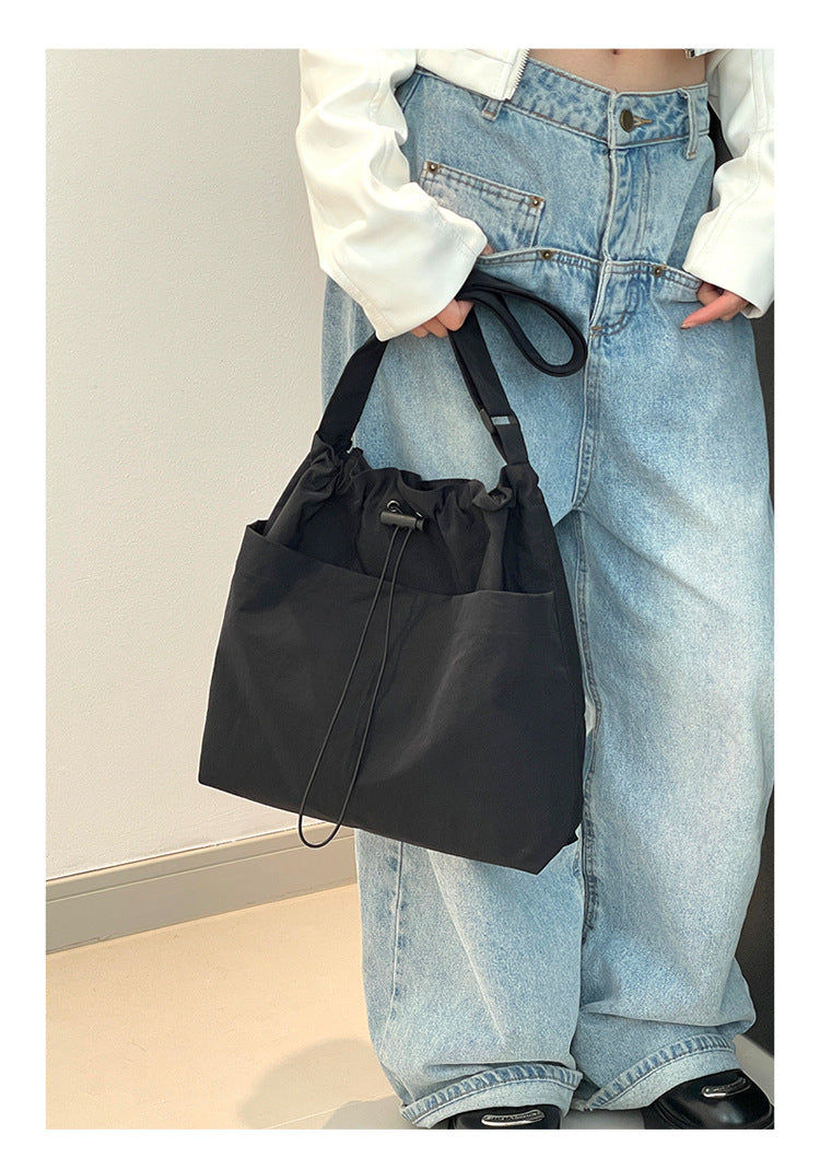 Black Chic Lightweight Nylon Drawstring Tote Bag - Multi-Pocket Casual Shoulder & Crossbody 6