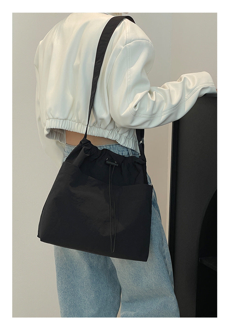 Black Chic Lightweight Nylon Drawstring Tote Bag - Multi-Pocket Casual Shoulder & Crossbody 7
