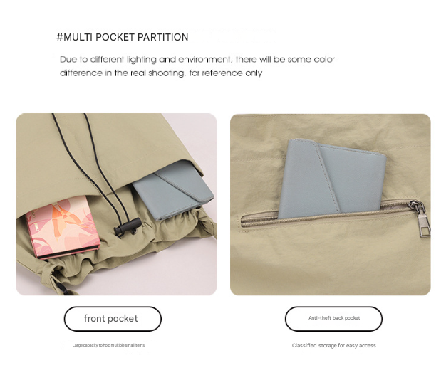 Pink Chic Lightweight Nylon Drawstring Tote Bag - Multi-Pocket Casual Shoulder & Crossbody 4