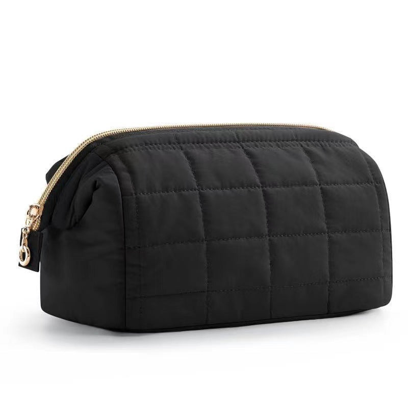 Black Chic Quilted Puffer Makeup Bag - Large Capacity Travel Cosmetic Organizer with Wide Opening