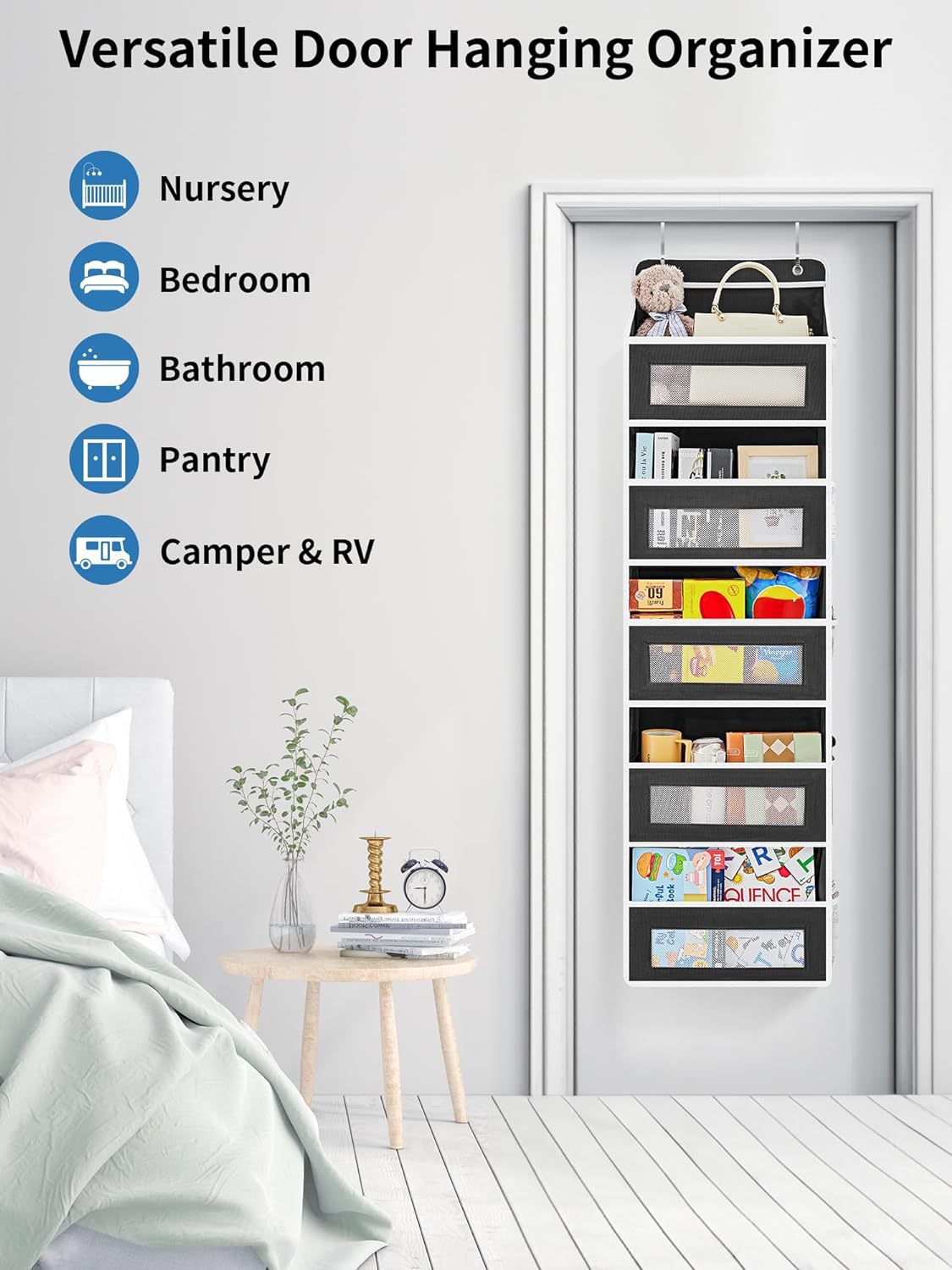 Grey Heavy Duty 5-Tier Over-The-Door Hanging Organizer - Space-Saving Storage with Clear Windows & Mesh Pockets 5