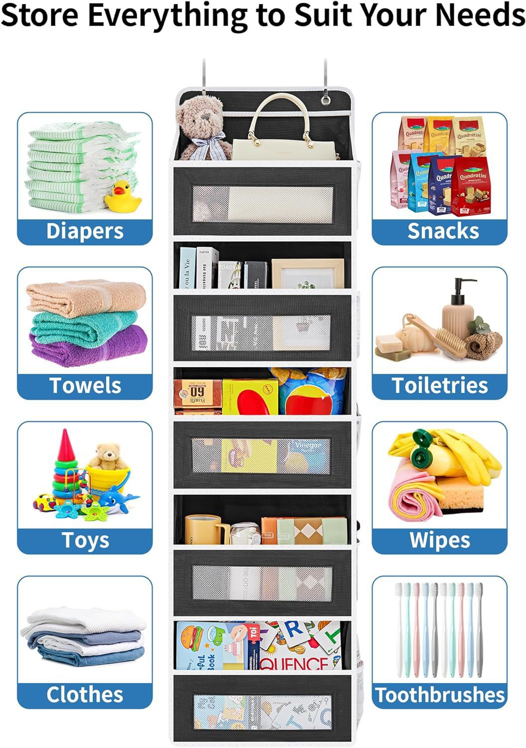 Grey Heavy Duty 5-Tier Over-The-Door Hanging Organizer - Space-Saving Storage with Clear Windows & Mesh Pockets 6