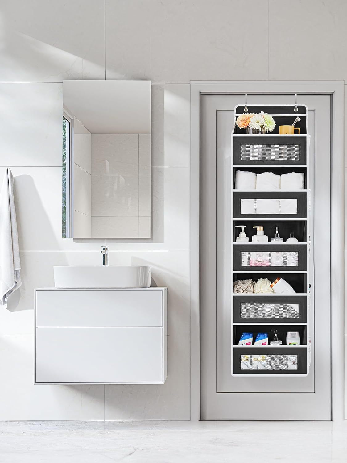 Grey Heavy Duty 5-Tier Over-The-Door Hanging Organizer - Space-Saving Storage with Clear Windows & Mesh Pockets 7