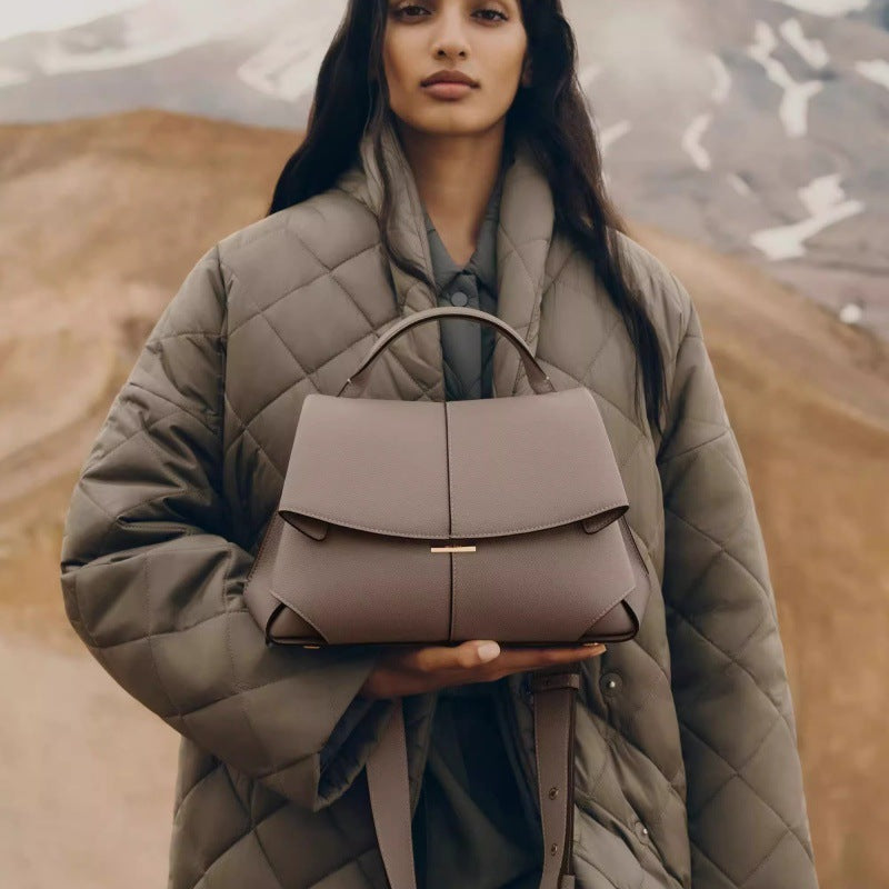 Brown Elegant Womens Genuine Cowhide Leather Top Handle Satchel - Chic Flap Crossbody Shoulder Bag 5