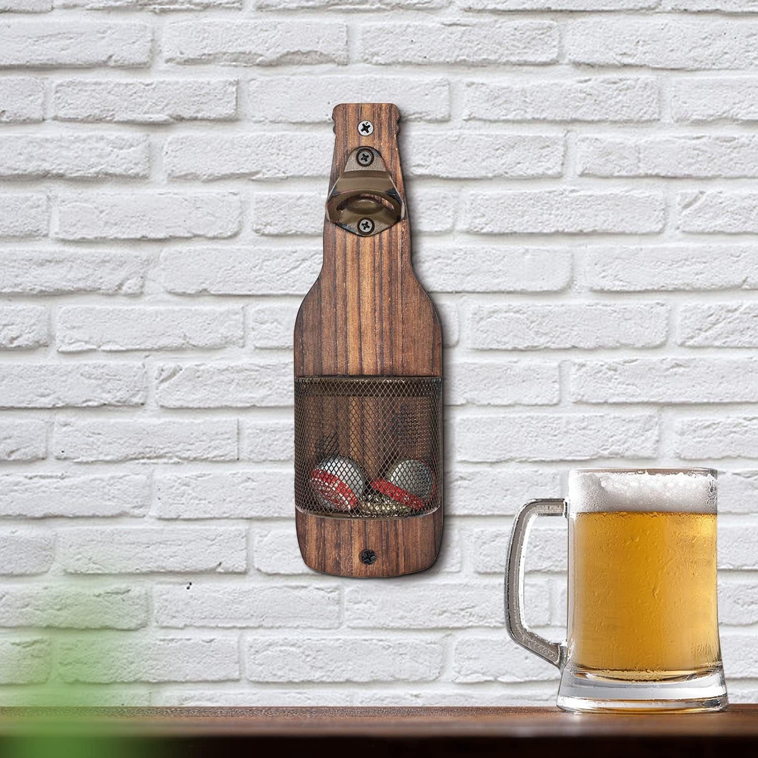 Brown Rustic Wooden Wall-Mounted Bottle Opener with Cap Catcher - Vintage Beer Opener for Bar & Kitchen 4