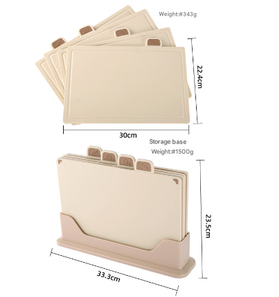 Beige 4-Piece Index Cutting Board Set with Ventilated Storage Stand - Food-Safe PP Kitchen Chopping Boards 4