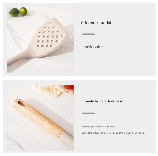 Beige Elegant 7-Piece Silicone Kitchen Utensil Set with Wooden Handles & Rose Gold Stand - Non-Stick Cookware Safe 6