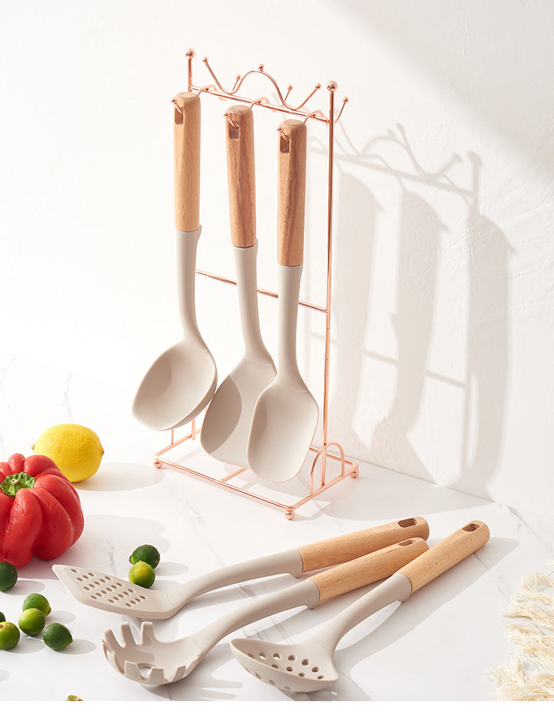Black Elegant 7-Piece Silicone Kitchen Utensil Set with Wooden Handles & Rose Gold Stand - Non-Stick Cookware Safe 5