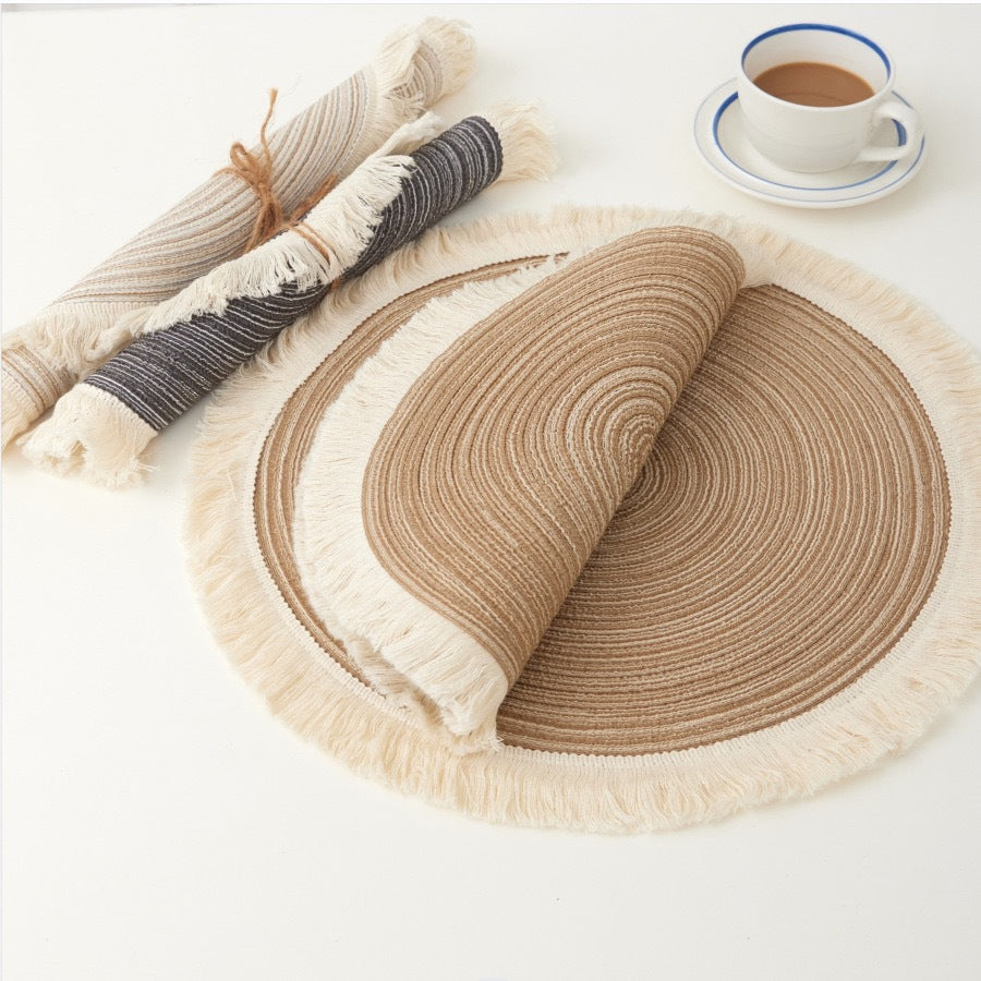 Beige Chic Round Woven Placemats with Tassel Fringe - Set of 4, Cotton Ramie Blend, Heat Resistant Table Mats
