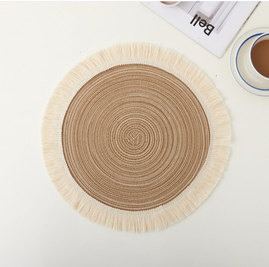 Brown Chic Round Woven Placemats with Tassel Fringe - Set of 4, Cotton Ramie Blend, Heat Resistant Table Mats