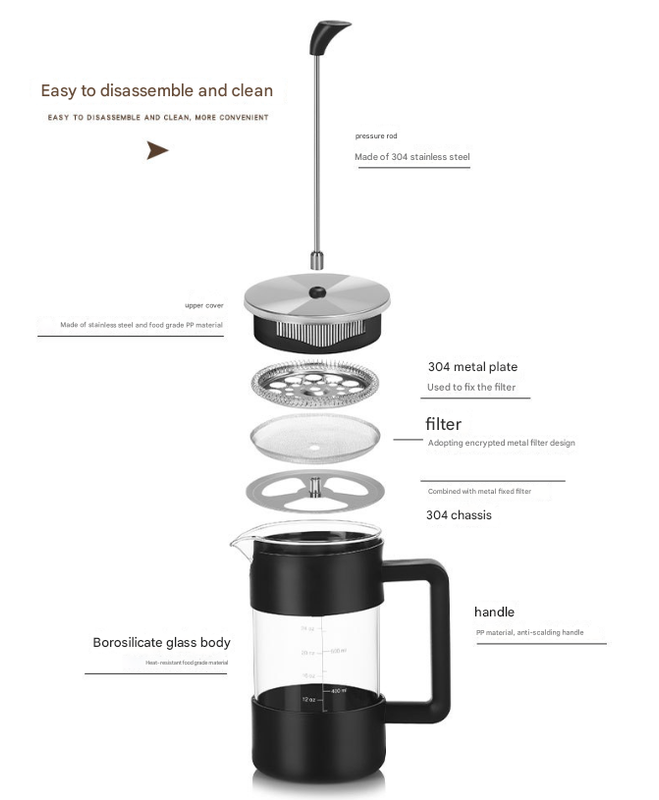 Black Classic 1000ml French Press Coffee & Tea Maker - Heat Resistant Borosilicate Glass, Stainless Steel Filter 5