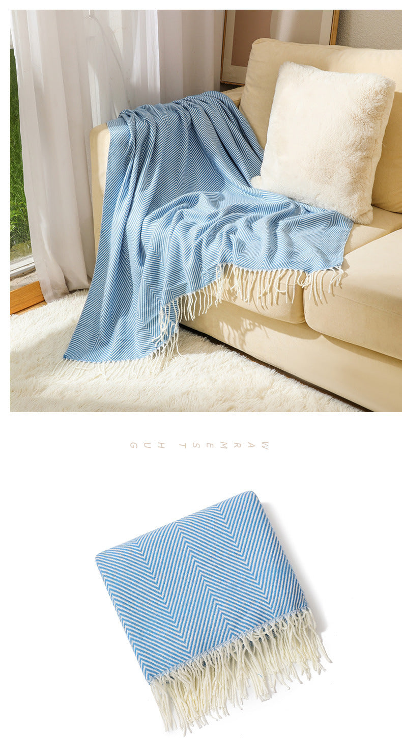 Blue Elegant Herringbone Tassel Throw Blanket - Large Acrylic Faux Cashmere Soft Cozy Blanket for Sofa, Bed & Decor (130x240cm) 5