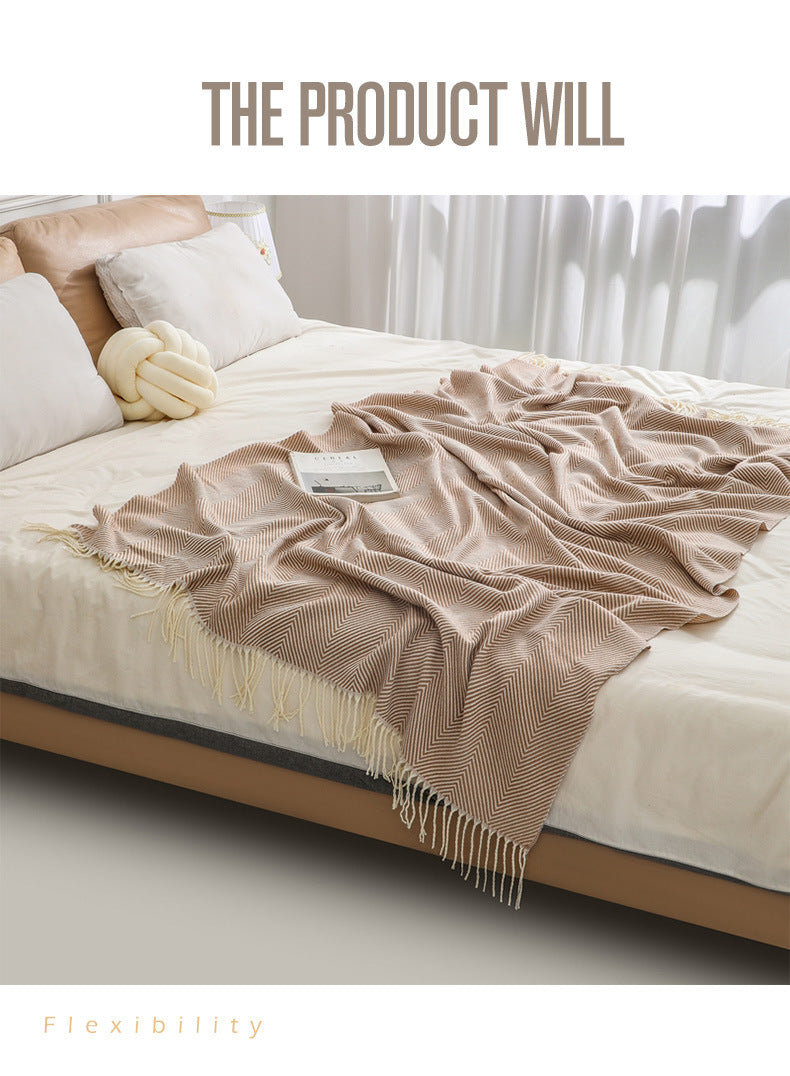 Khaki Elegant Herringbone Tassel Throw Blanket - Large Acrylic Faux Cashmere Soft Cozy Blanket for Sofa, Bed & Decor (130x240cm) 5
