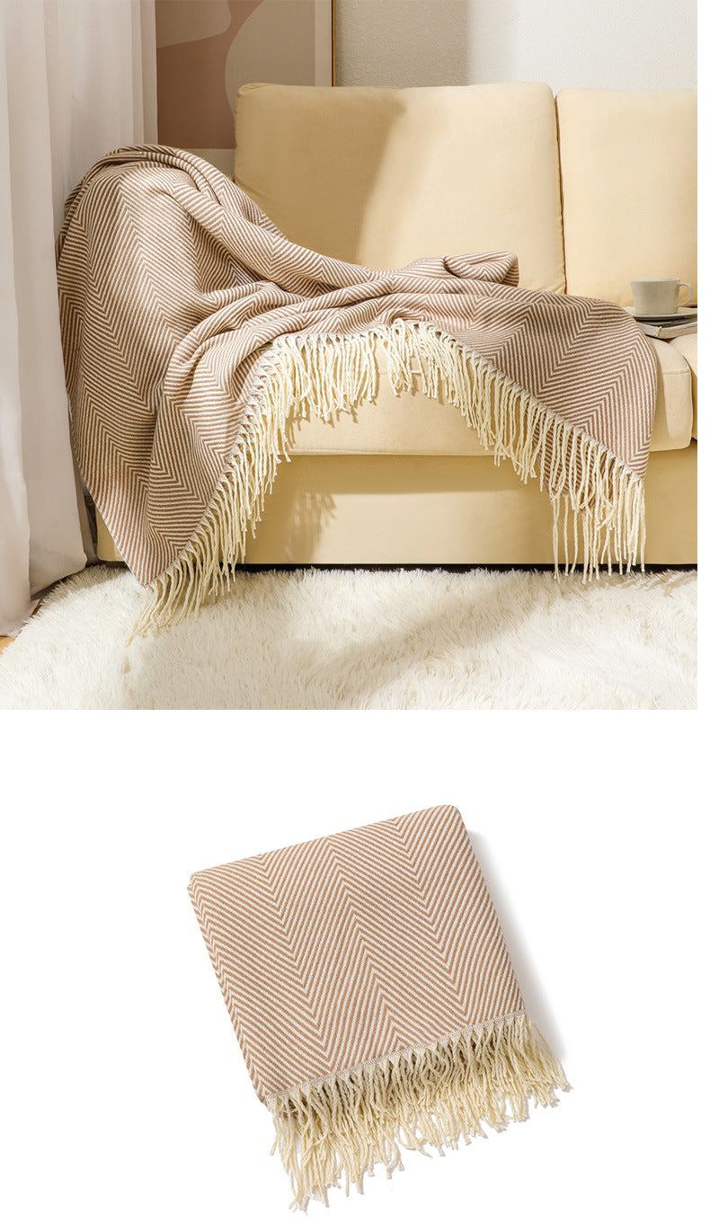 Khaki Elegant Herringbone Tassel Throw Blanket - Large Acrylic Faux Cashmere Soft Cozy Blanket for Sofa, Bed & Decor (130x240cm) 6