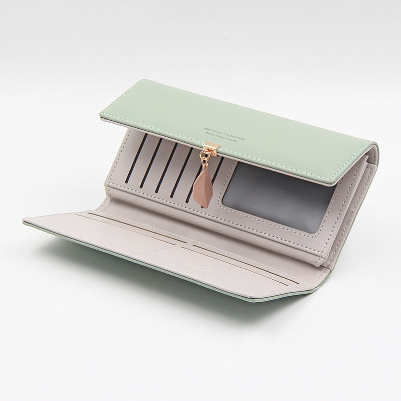 Green Elegant Ladies Long PU Leather Wallet - Slim Clutch with Leaf Charm, Multi-Card Holder & Organizer 4
