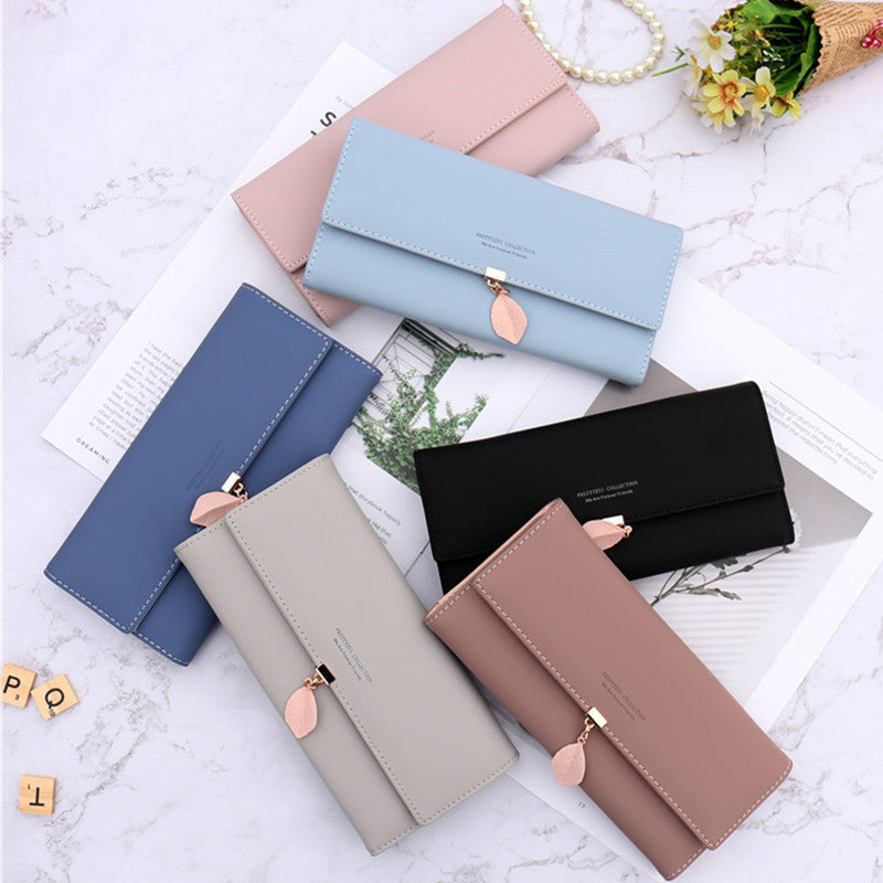Black Elegant Ladies Long PU Leather Wallet - Slim Clutch with Leaf Charm, Multi-Card Holder & Organizer