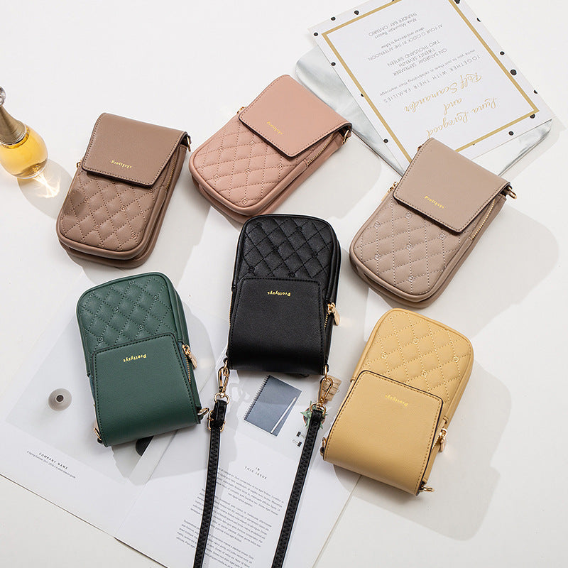 Beige Chic Quilted Crossbody Phone Bag - PU Leather Mini Purse with Floral Stitching & Adjustable Strap