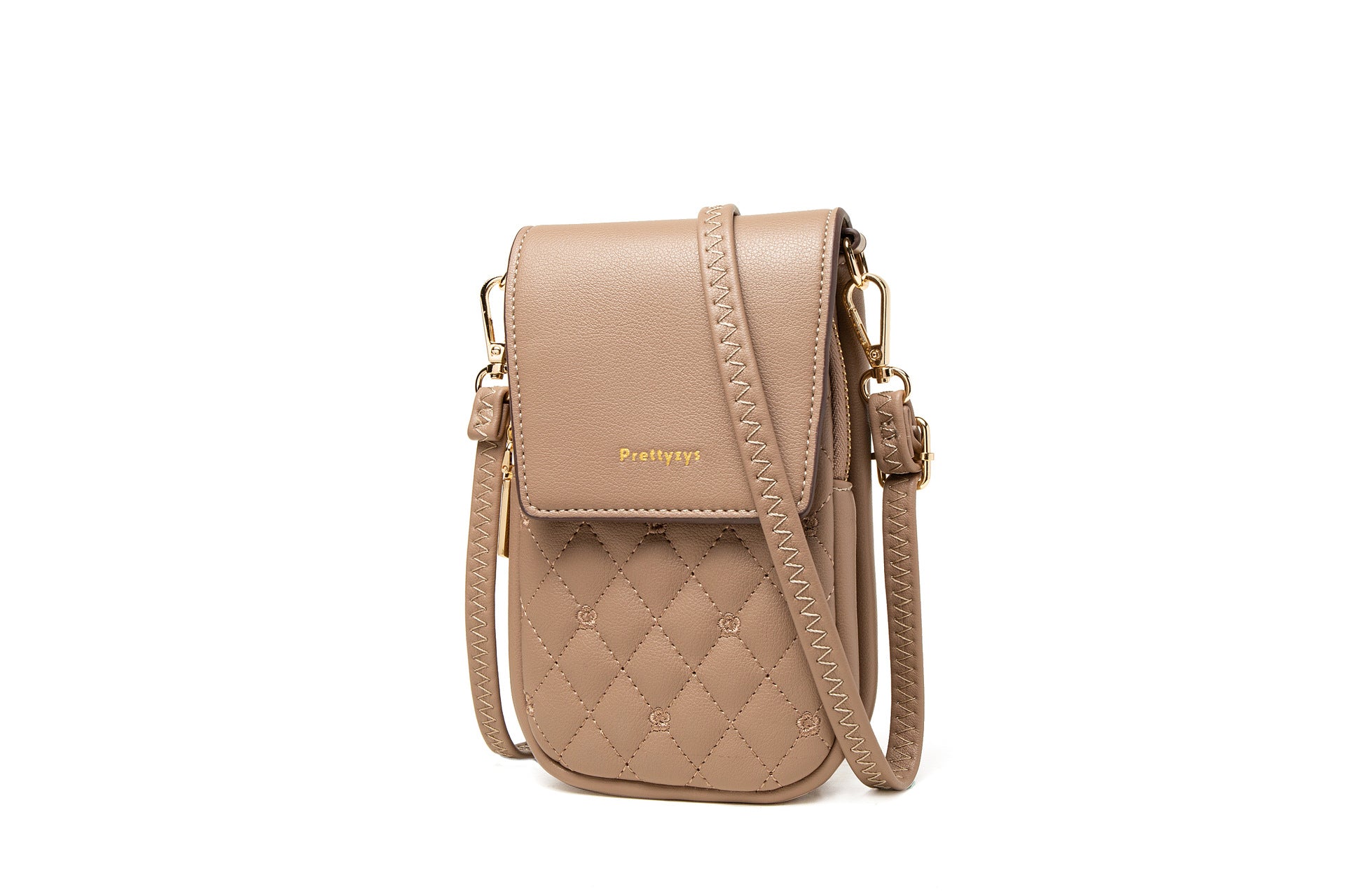 Beige Chic Quilted Crossbody Phone Bag - PU Leather Mini Purse with Floral Stitching & Adjustable Strap 4