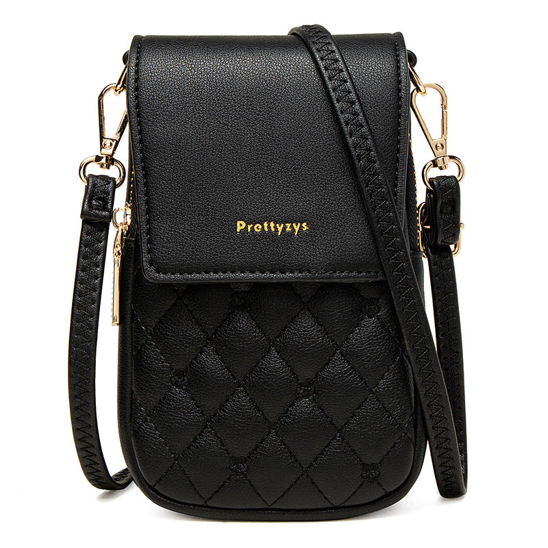 Black Chic Quilted Crossbody Phone Bag - PU Leather Mini Purse with Floral Stitching & Adjustable Strap