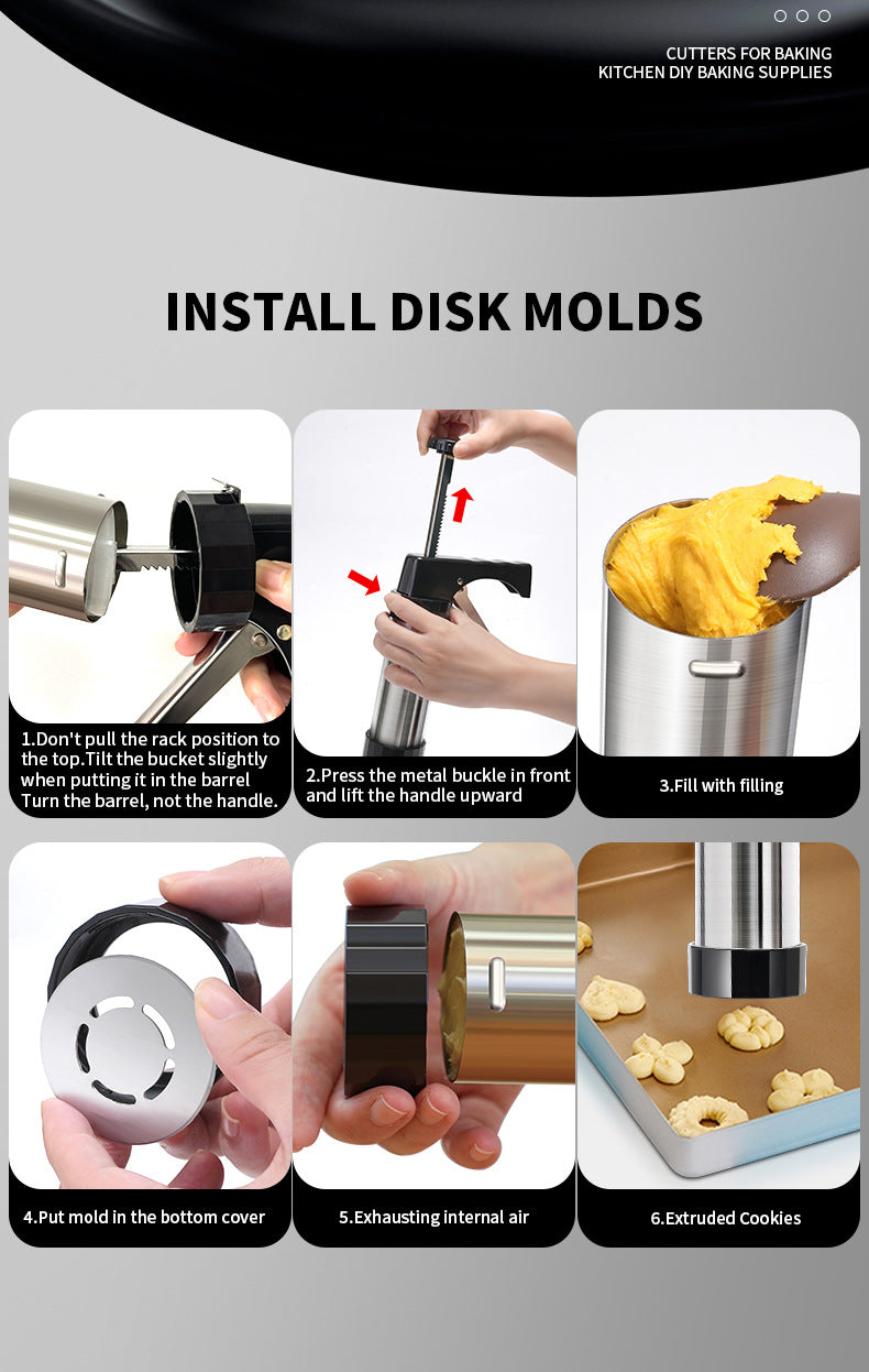 Silver and Black Stainless Steel Cookie Press Gun Kit - Biscuit Maker & Icing Decorating Set with 13 Discs & 8 Nozzles 4