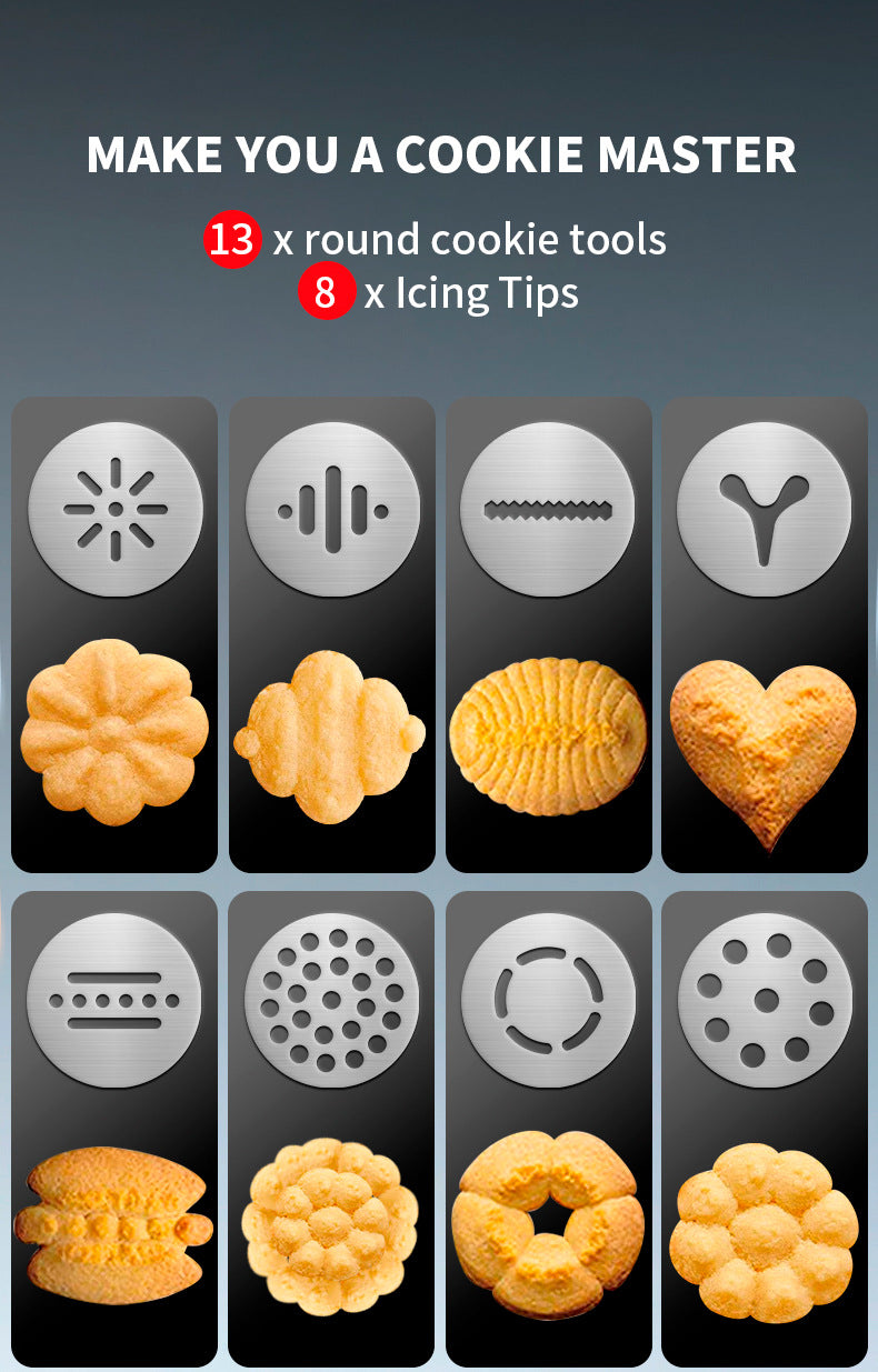 Silver and Black Stainless Steel Cookie Press Gun Kit - Biscuit Maker & Icing Decorating Set with 13 Discs & 8 Nozzles 6