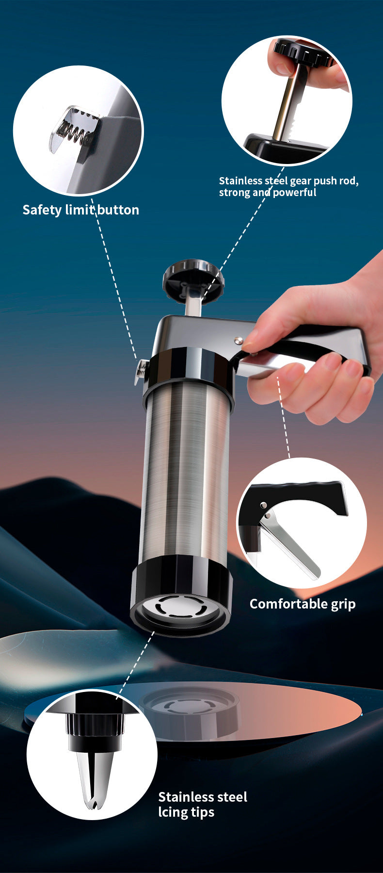 Silver and Black Stainless Steel Cookie Press Gun Kit - Biscuit Maker & Icing Decorating Set with 13 Discs & 8 Nozzles 9