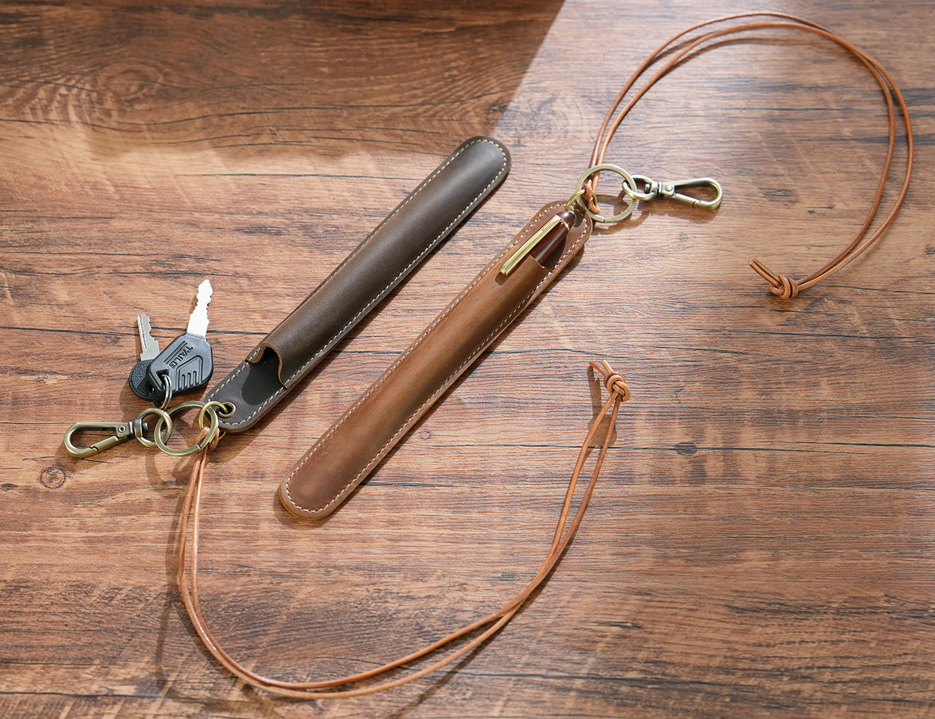 Brown Vintage Top-Grain Leather Pen Sleeve Holder with Neck Strap - Protective Single Pen Case 4