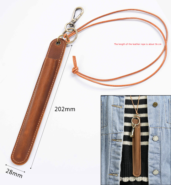 Red Vintage Top-Grain Leather Pen Sleeve Holder with Neck Strap - Protective Single Pen Case 3