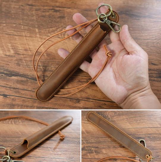 Red Vintage Top-Grain Leather Pen Sleeve Holder with Neck Strap - Protective Single Pen Case 6