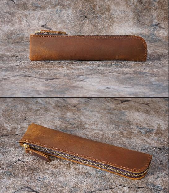 Brown Vintage Crazy Horse Leather Zippered Pen Case - Retro Pencil Pouch & Small Accessories Bag 4