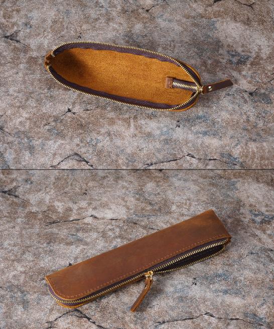 Coffee Vintage Crazy Horse Leather Zippered Pen Case - Retro Pencil Pouch & Small Accessories Bag 5