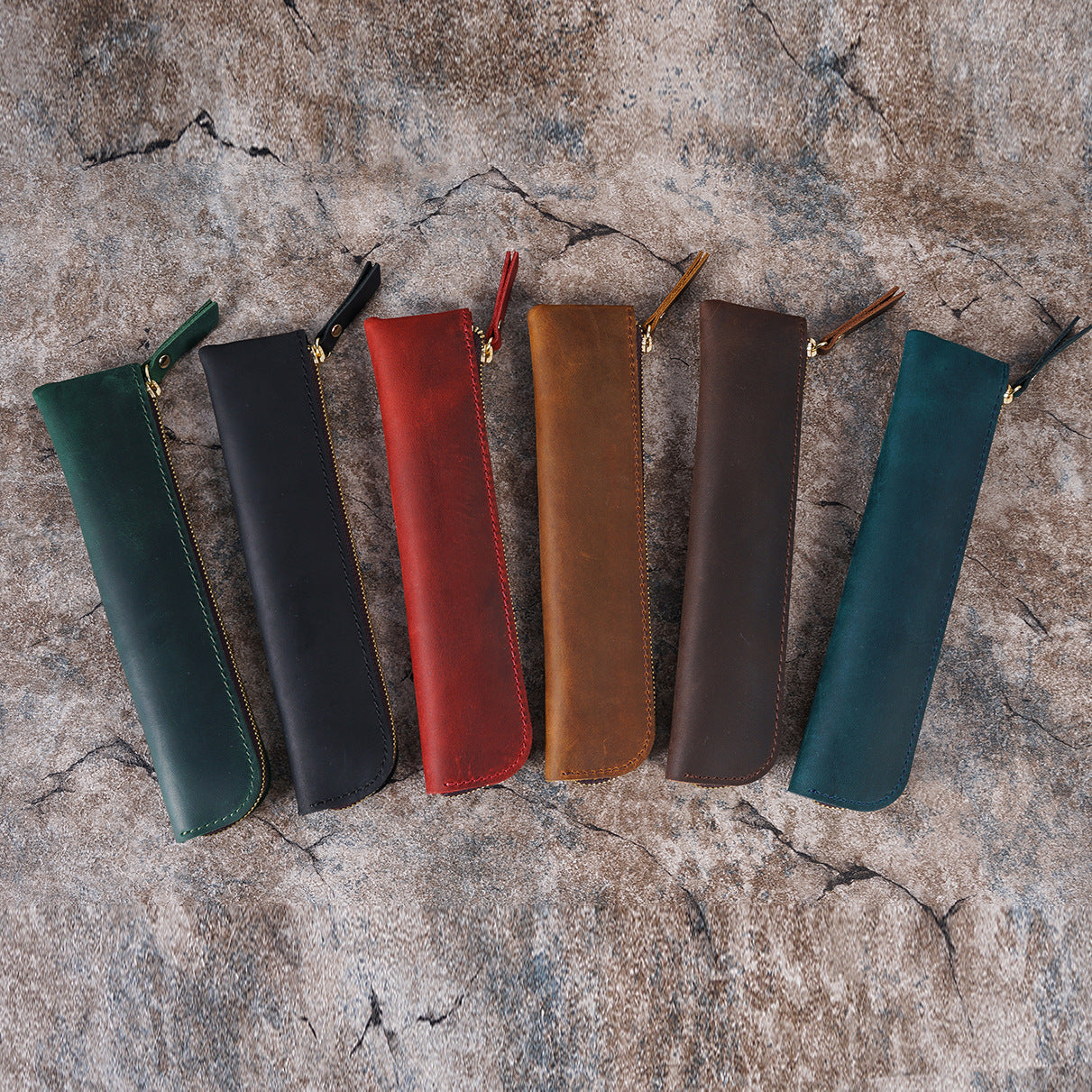 Coffee Vintage Crazy Horse Leather Zippered Pen Case - Retro Pencil Pouch & Small Accessories Bag 6
