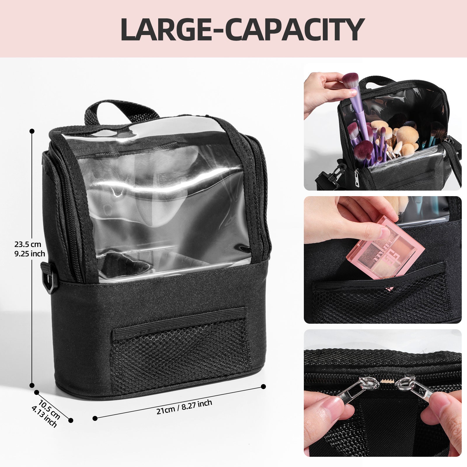 Black Professional Makeup Bag Organizer - Large Capacity Travel Cosmetic Case with Brush Holder, Adjustable Dividers & Shoulder Strap 3