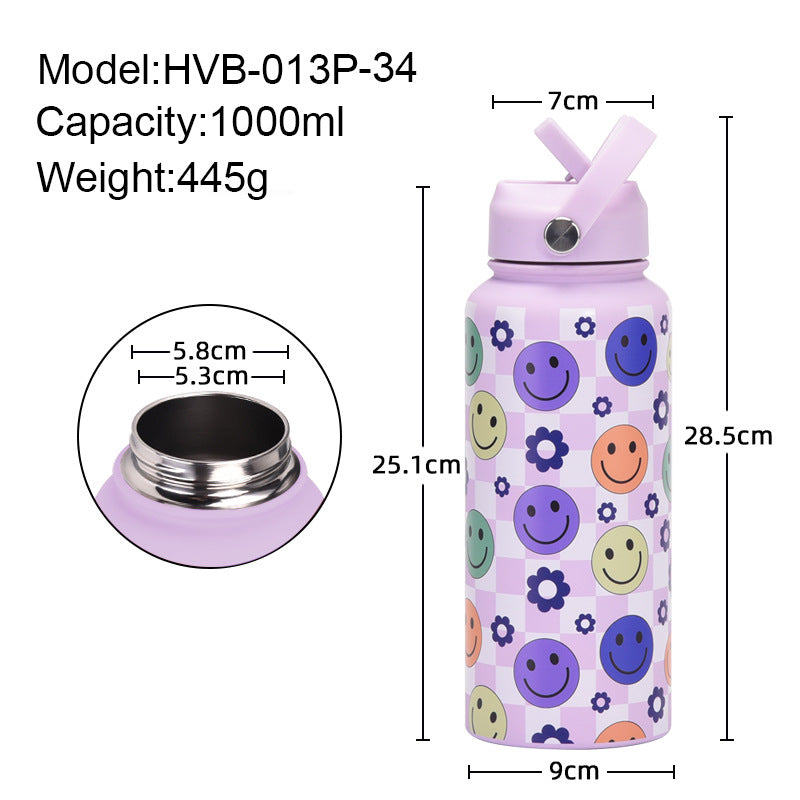 Style 27A Purple Smiley Face Pattern Vibrant Fun Print 1L Stainless Steel Insulated Water Bottle - 32oz Large Capacity with Straw Lid & Carry Handle - BPA-Free 3