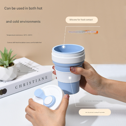 2 Pcs White and Blue 350ml Collapsible Silicone Travel Cup - Portable, Leak-Proof & Food-Grade Drinking Mug with Lid, Insulating Sleeve & Straw 5
