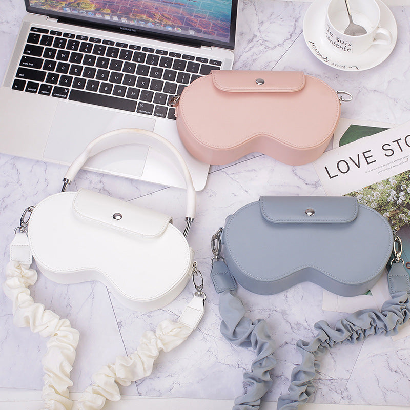 Black Chic PU Leather Crossbody Storage Bag for Apple AirPods Max - Protective Case with Ruched Fabric Strap & Top Handle 3