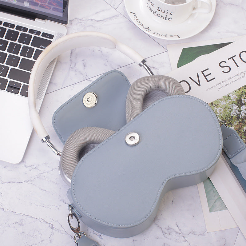 White Chic PU Leather Crossbody Storage Bag for Apple AirPods Max - Protective Case with Ruched Fabric Strap & Top Handle 4