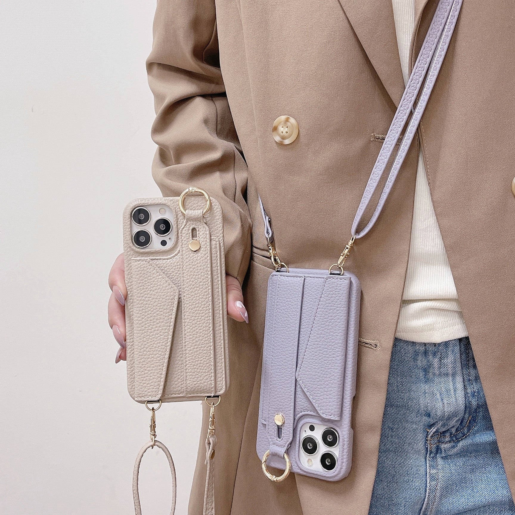 Beige Chic PU Leather Crossbody Wallet Case for iPhone 16 Pro Max - Card Holder with Detachable Strap & Finger Ring Grip 6