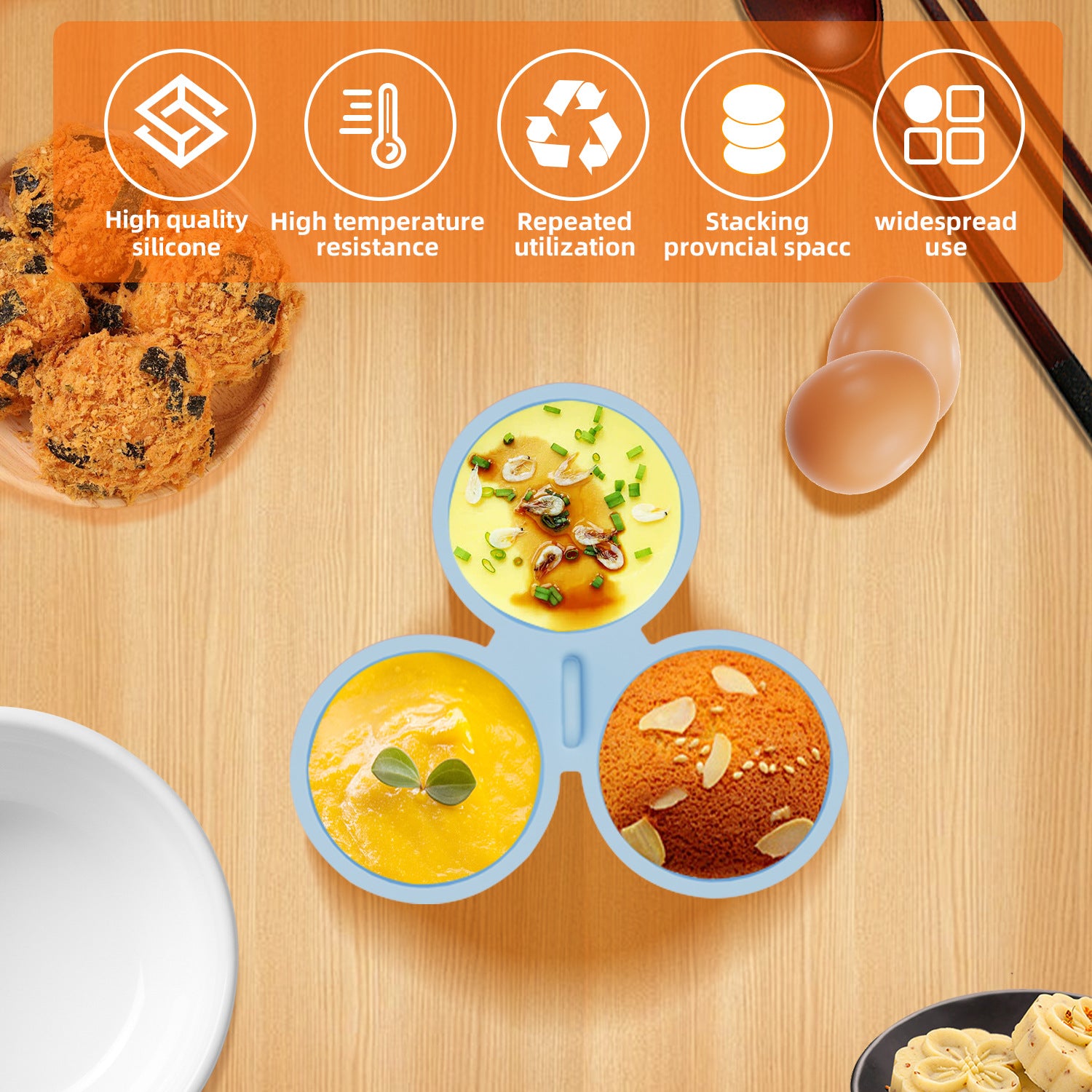 2 Pcs Blue 3-Compartment Silicone Bowl - BPA-Free, Microwave & Air Fryer Safe for Eggs, Baking & Food Storage 6