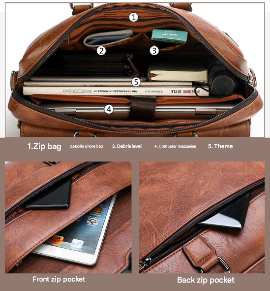 Black Men's PU Leather Briefcase - Vintage Style Laptop Messenger Bag, Crossbody Satchel for Business & Casual 3