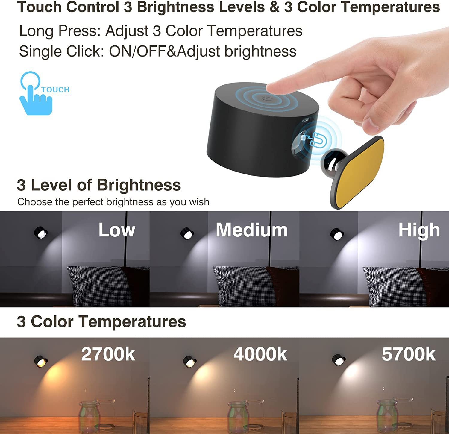 Black Rechargeable LED Magnetic Wall Light - Touch Control, 3 Colors & Dimmable, USB Portable Night Lamp for Reading & Cabinets 3