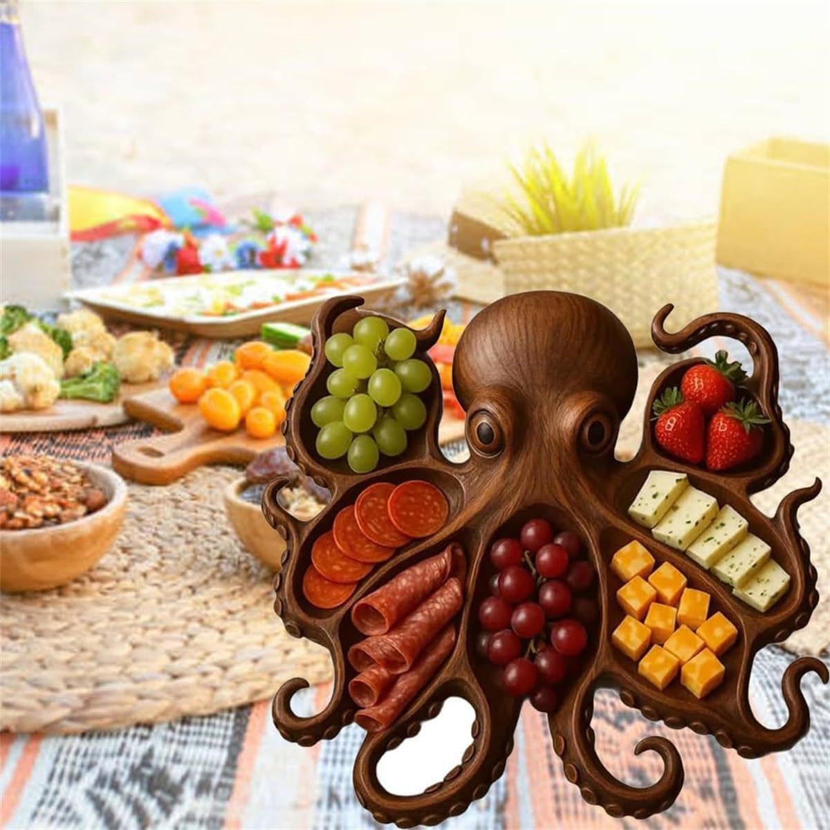 Style A Brown Artisan Crafted Solid Wood Octopus Charcuterie Board - Unique Appetizer & Cheese Serving Platter 4