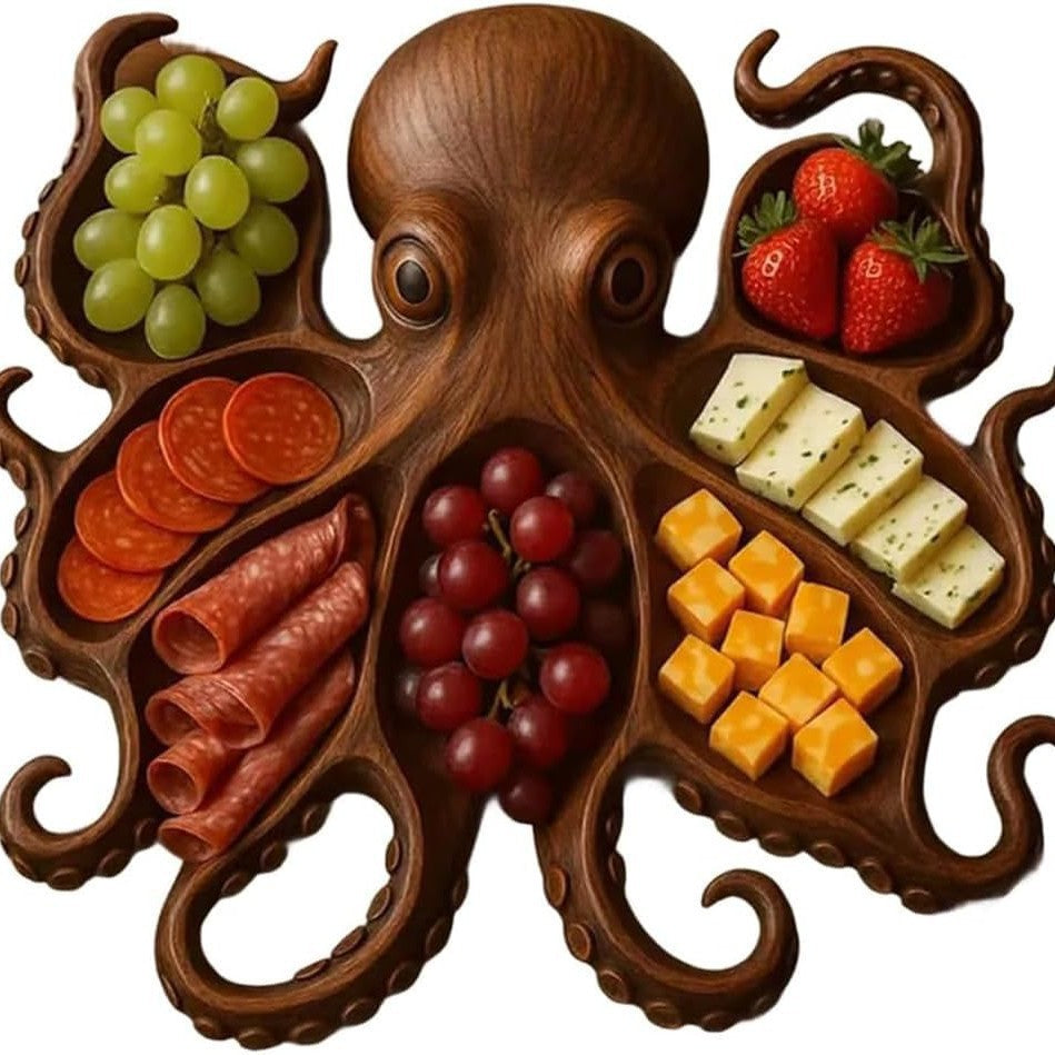Style B Brown Artisan Crafted Solid Wood Octopus Charcuterie Board - Unique Appetizer & Cheese Serving Platter
